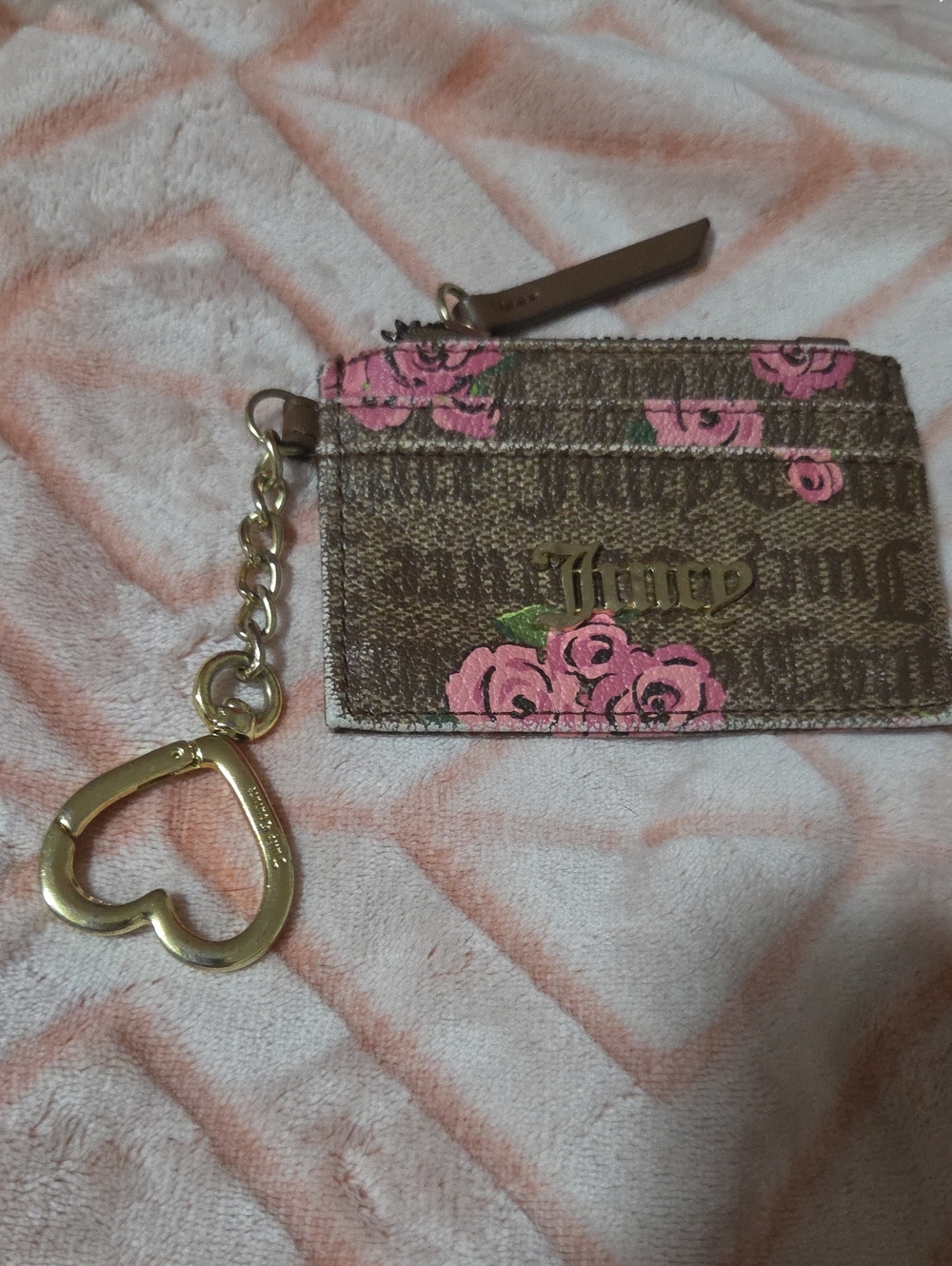 Juicy Couture Brown Card Holder Pink Rose Print & Gold Heart Keychain Coin Purse